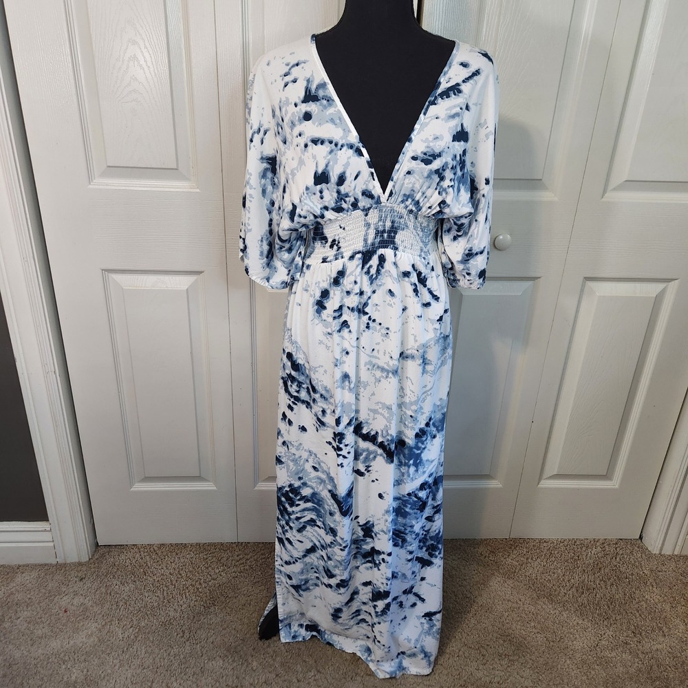 Japna Blue White Tie Dye Smocked Waist V-Neck Maxi Dress Small Boho Slit Viscose